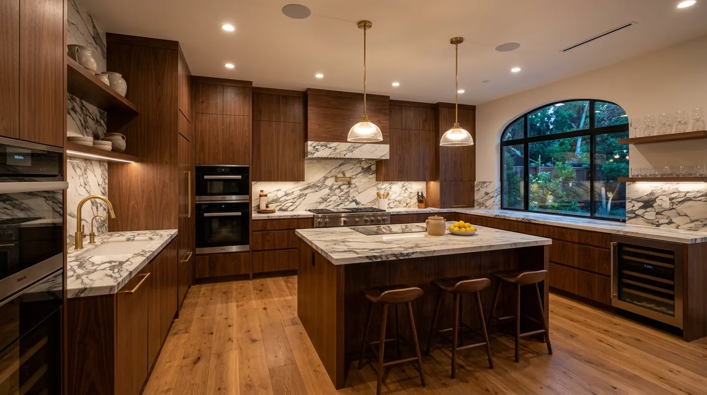 Walnut kitchen with rich wood cabinetry and luxurious warm finishes.